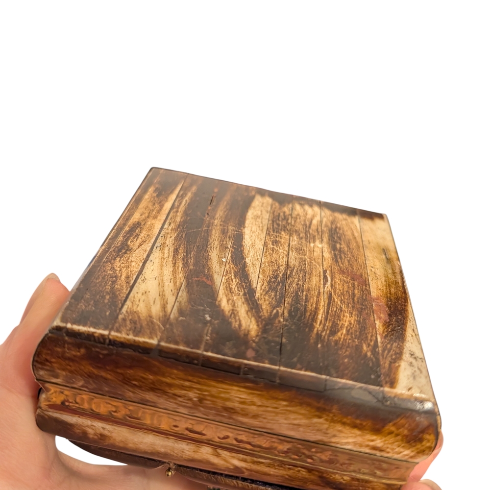 Vintage Trinket Box with Possible Camel Bone Inlay, Brass Fittings Purple Lining - Picture 11 of 13